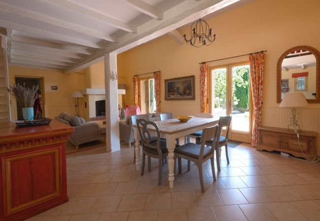 Mas de Charles in Lorgues, Provence mit einem Wohnzimmer mit Essbereich, gemütlichem Kamin, Terrassentüren und Klimaanlage